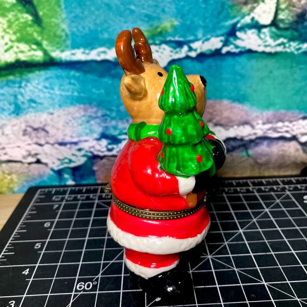 LARGE Vintage Santa Reindeer Limoges Style Hinged Trinket Box